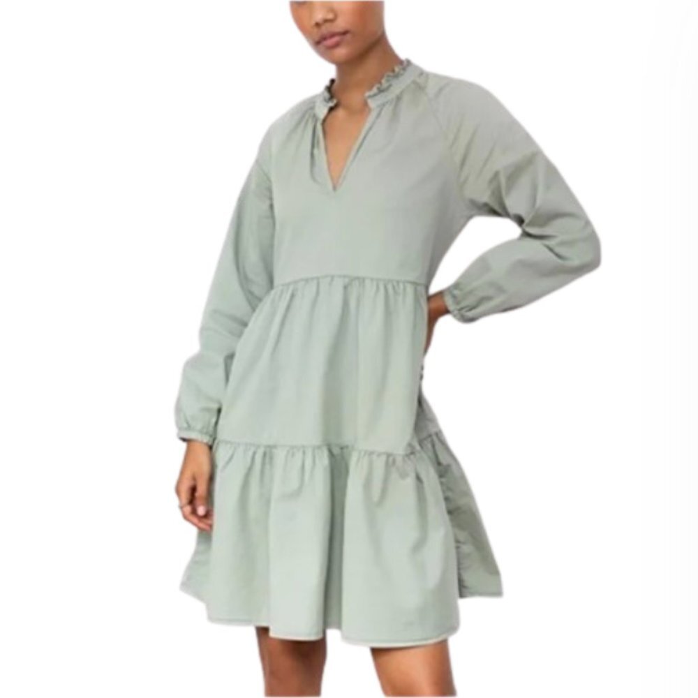 Sundry Tiered Panel Mini Dress Womens 1 Small Green Eucalyptus Long Sleeve VNeck - Picture 3 of 13